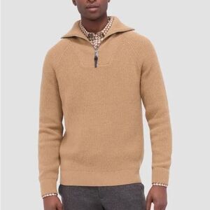 BUGATCHI Fisherman Rib-Stitch Quarter-Zip Wool Blend Sweater, Camel, Large NWT